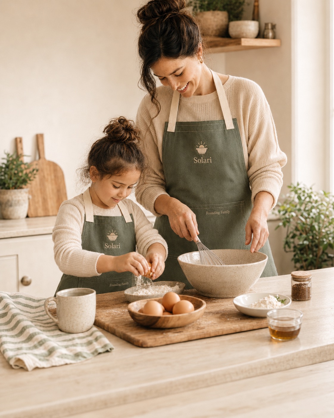 A mother and daughter cooking together in matching Solari aprons